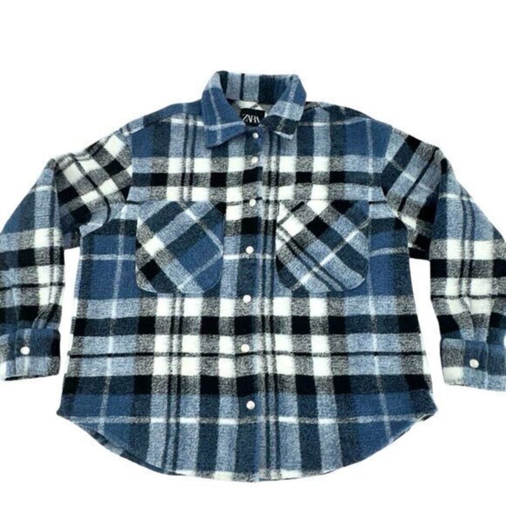 Zara Women's Blue Oversize Plaid Flannel Jacket Women's Size XS - Picture 8 of 11